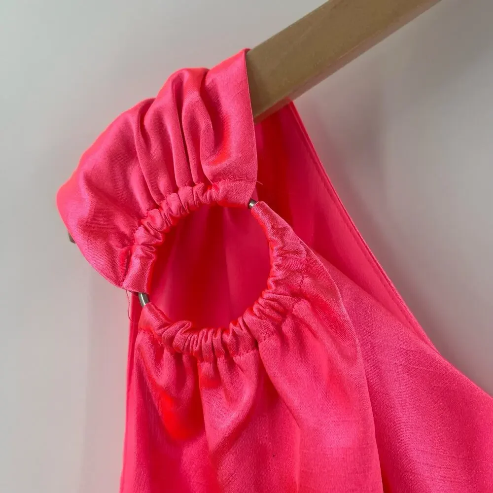 FRENCH CONNECTION Dress Size 6 Adaline Satin One Shoulder Midi Neon Pink NWT